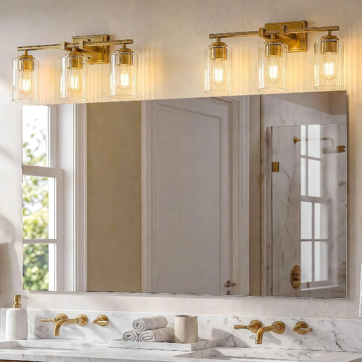3-Light Bathroom Lighting, Adjustable Vanity Wall Sconce with Ribbed Glass Shades