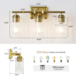 3-Light Bathroom Lighting, Adjustable Vanity Wall Sconce with Ribbed Glass Shades