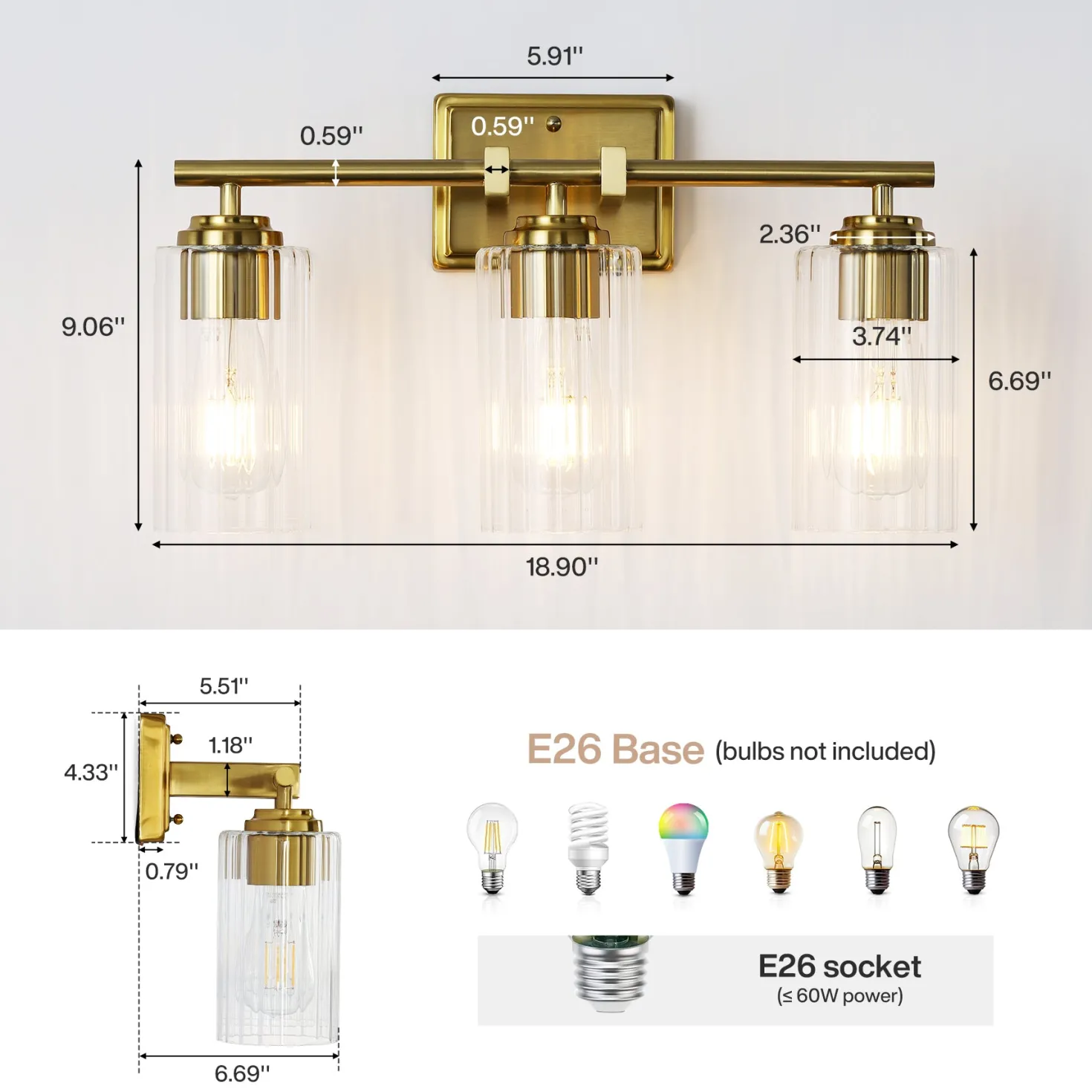 3-Light Bathroom Lighting, Adjustable Vanity Wall Sconce with Ribbed Glass Shades