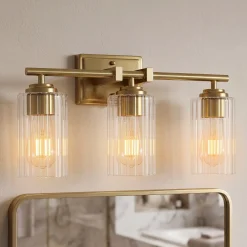 3-Light Bathroom Lighting, Adjustable Vanity Wall Sconce with Ribbed Glass Shades