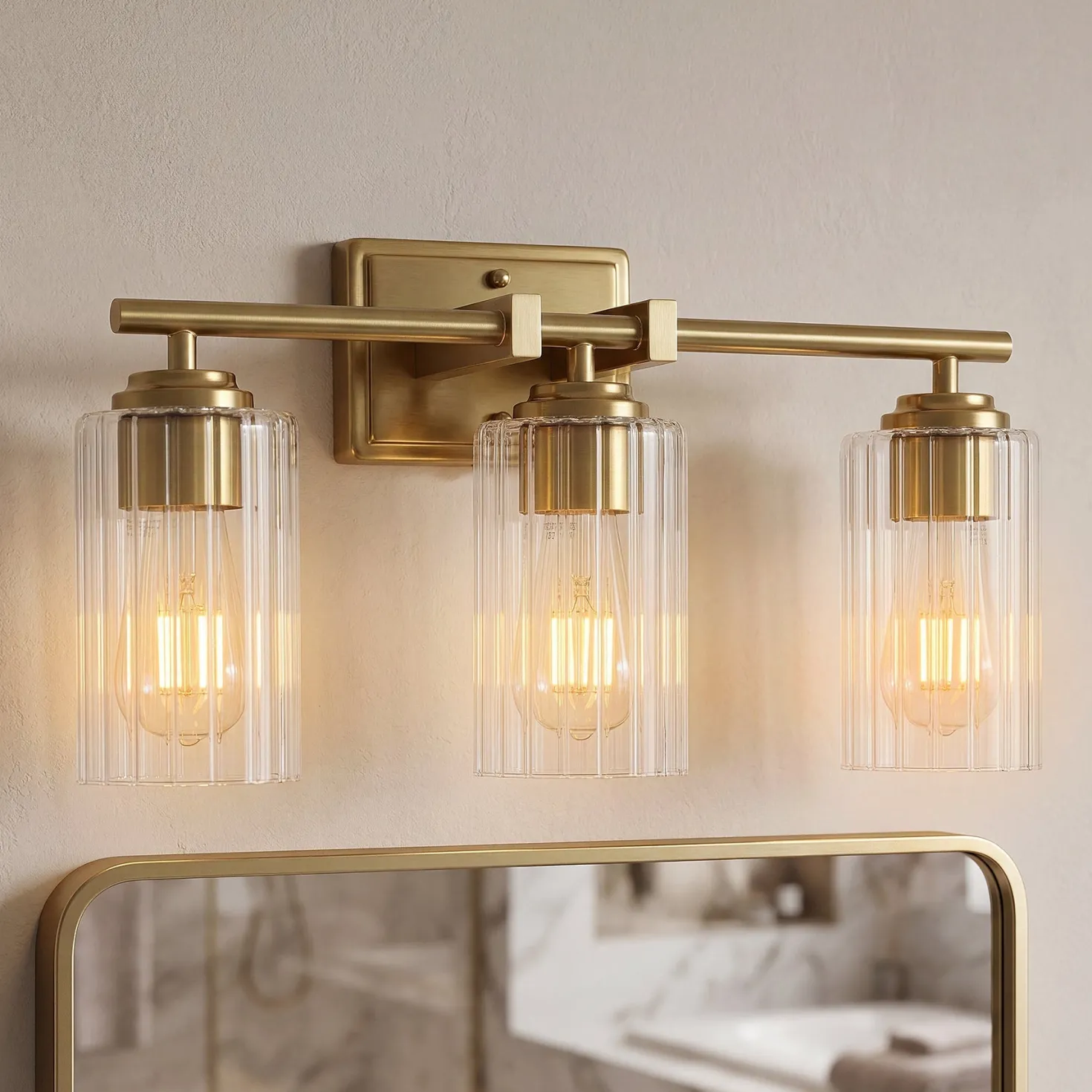 3-Light Bathroom Lighting, Adjustable Vanity Wall Sconce with Ribbed Glass Shades