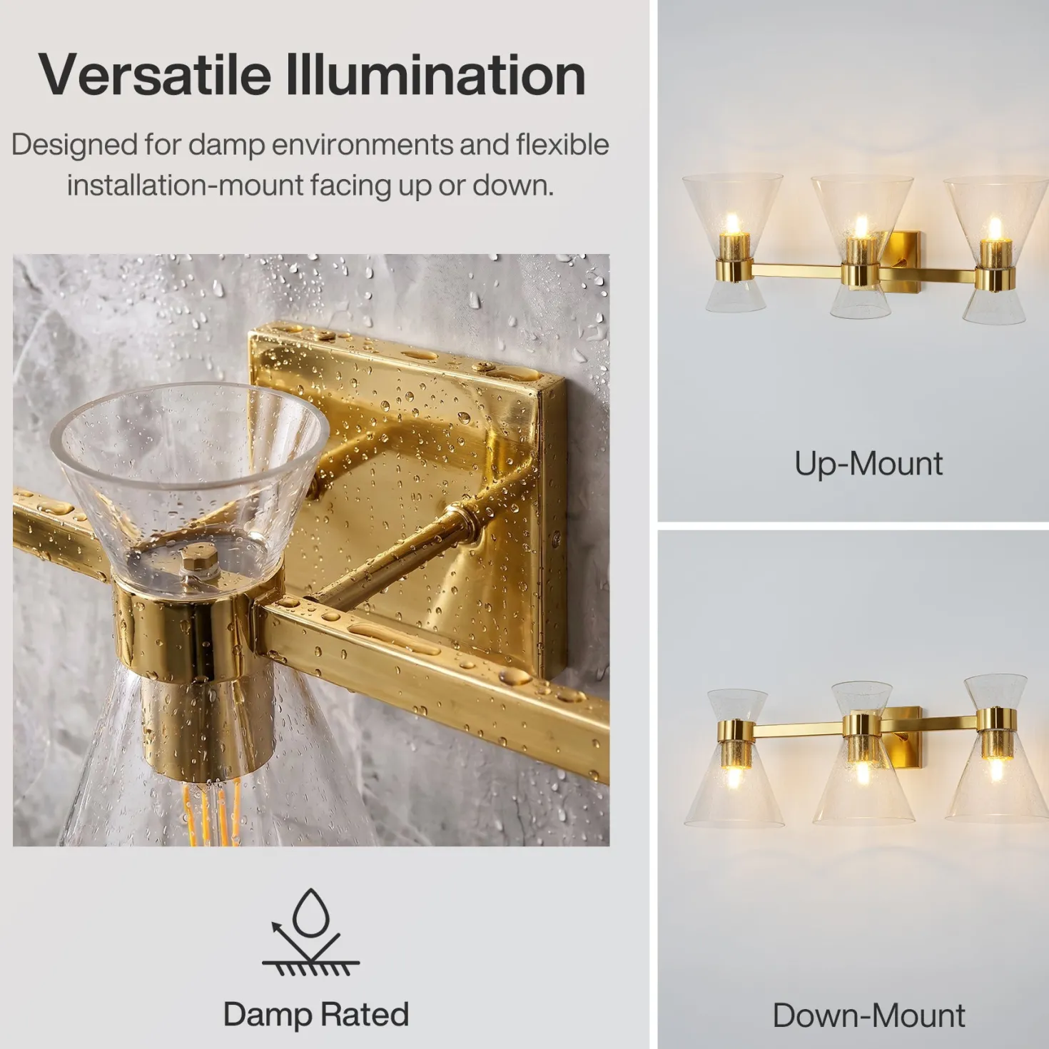 3-Light Bathroom Vanity Light, Seeded Glass Wall Light Fixtures Damp-Rated