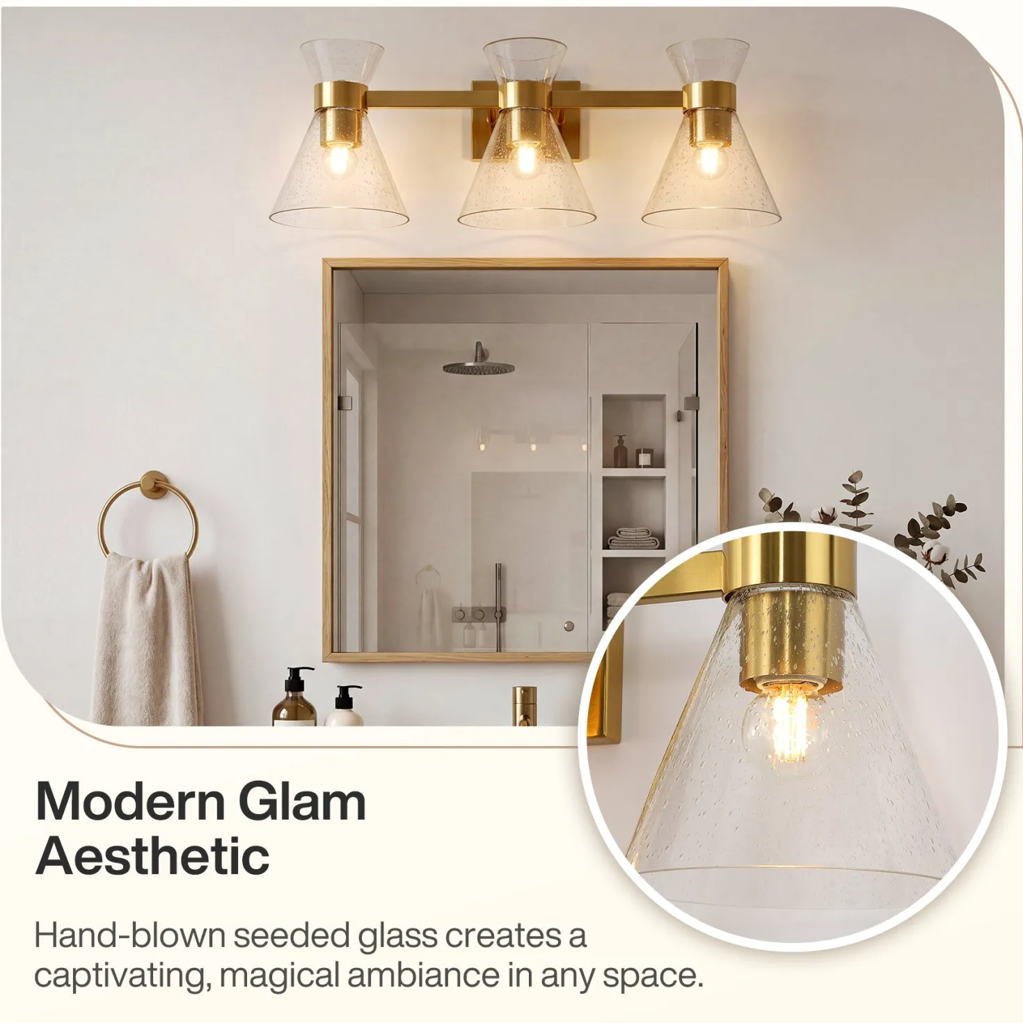 3-Light Bathroom Vanity Light, Seeded Glass Wall Light Fixtures Damp-Rated
