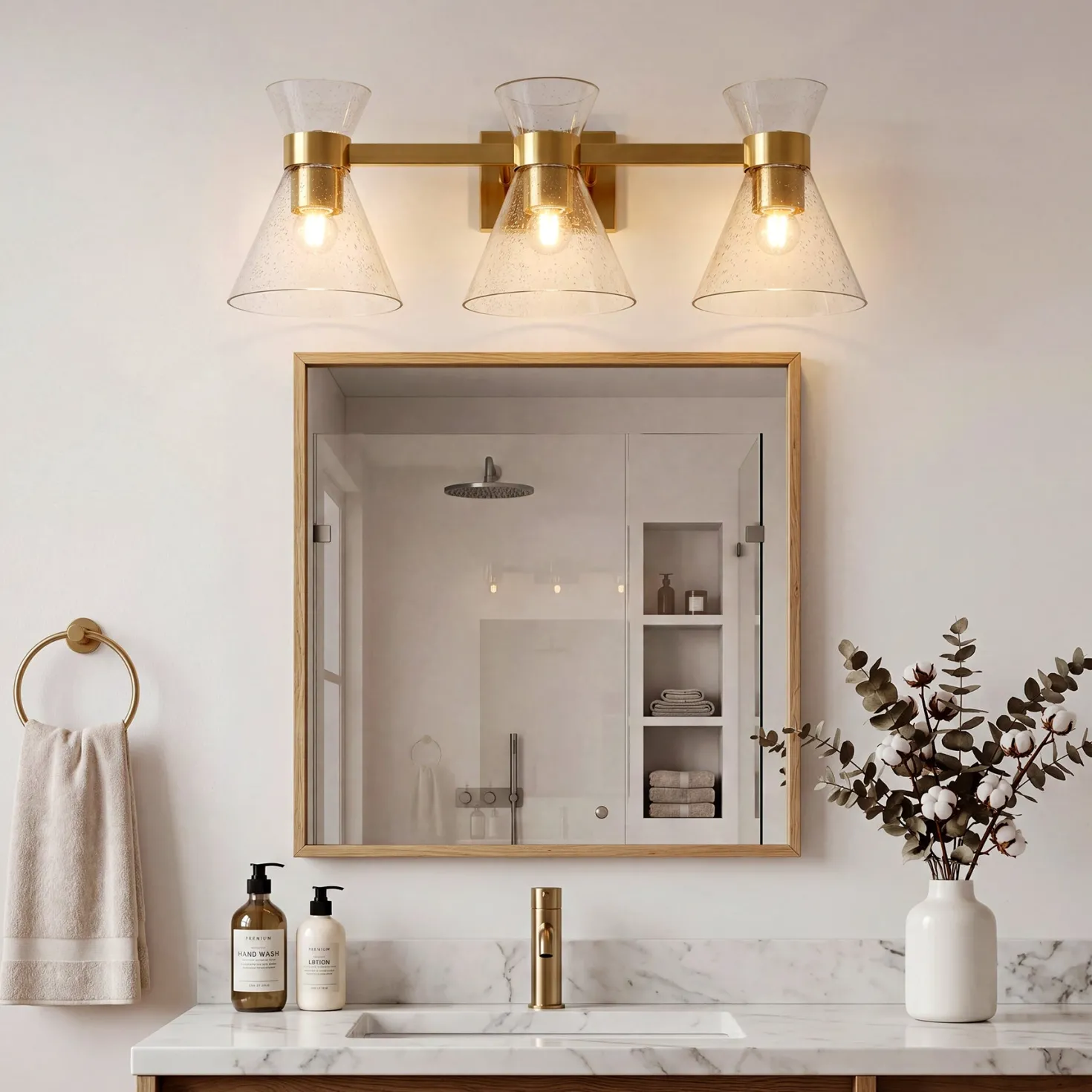 3-Light Bathroom Vanity Light, Seeded Glass Wall Light Fixtures Damp-Rated