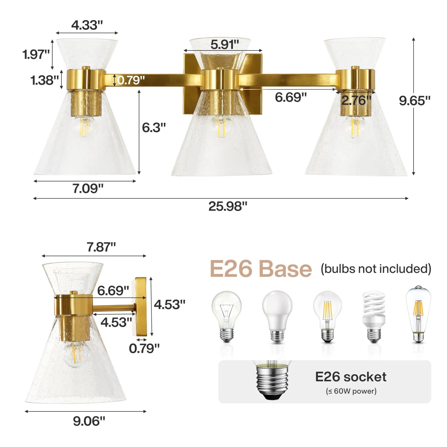 3-Light Bathroom Vanity Light, Seeded Glass Wall Light Fixtures Damp-Rated