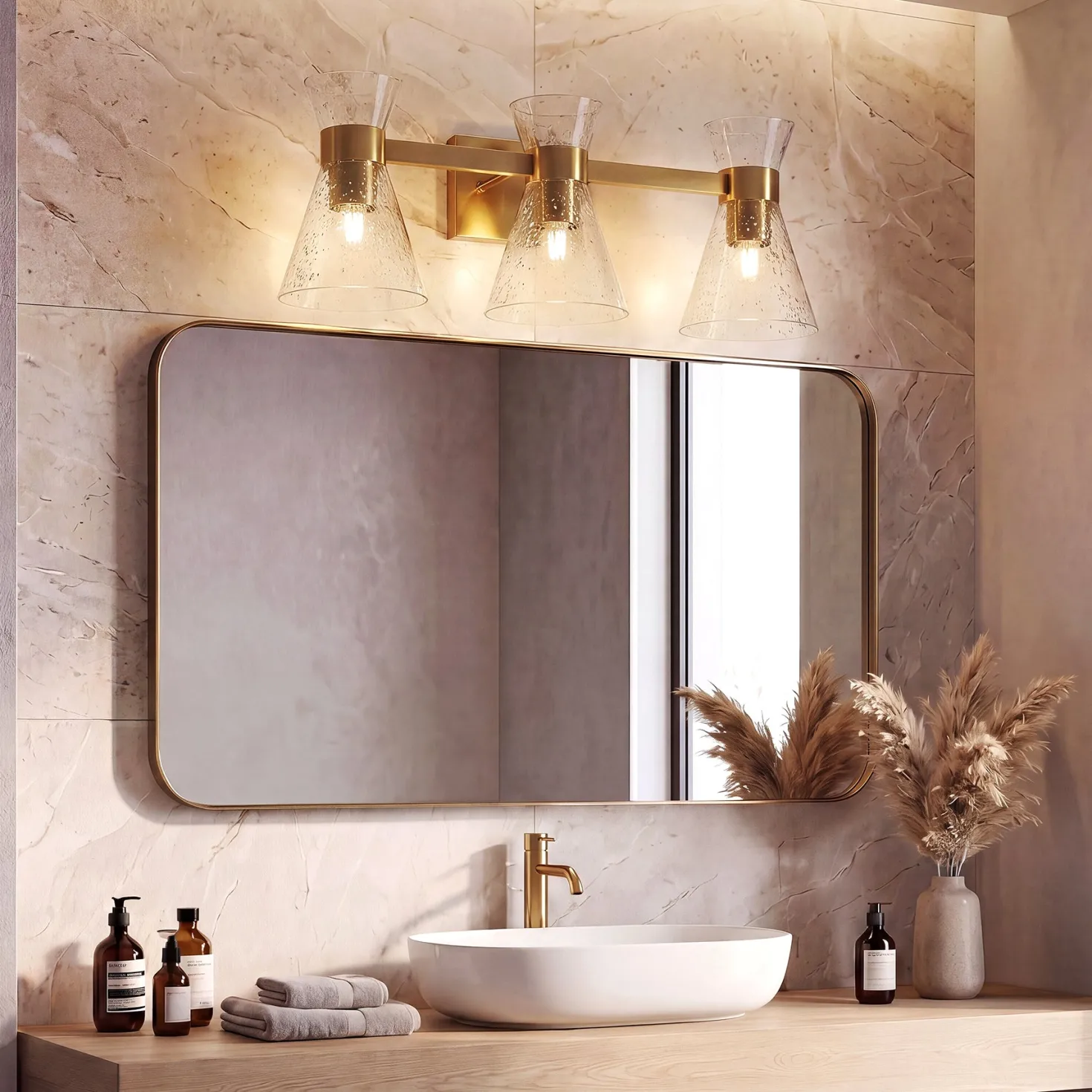 3-Light Bathroom Vanity Light, Seeded Glass Wall Light Fixtures Damp-Rated