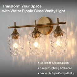 3-Light Bathroom Vanity Light, Modern Wall Sconce with Water Ripple Clear Glass Shades
