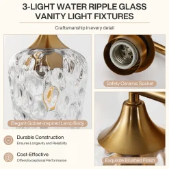 3-Light Bathroom Vanity Light, Modern Wall Sconce with Water Ripple Clear Glass Shades