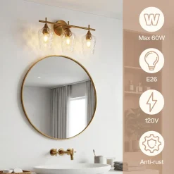 3-Light Bathroom Vanity Light, Modern Wall Sconce with Water Ripple Clear Glass Shades