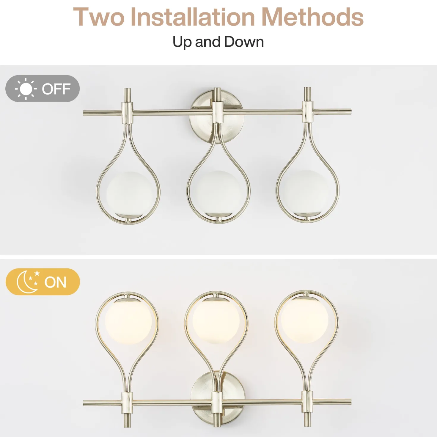 3-Light Bathroom Vanity Light, 22.5" Wall Lighting Fixture with Glass Shades