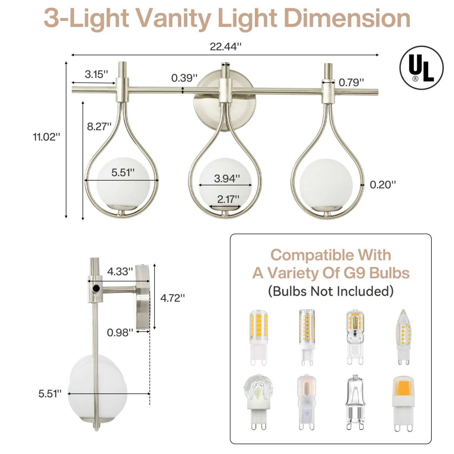 3-Light Bathroom Vanity Light, 22.5" Wall Lighting Fixture with Glass Shades