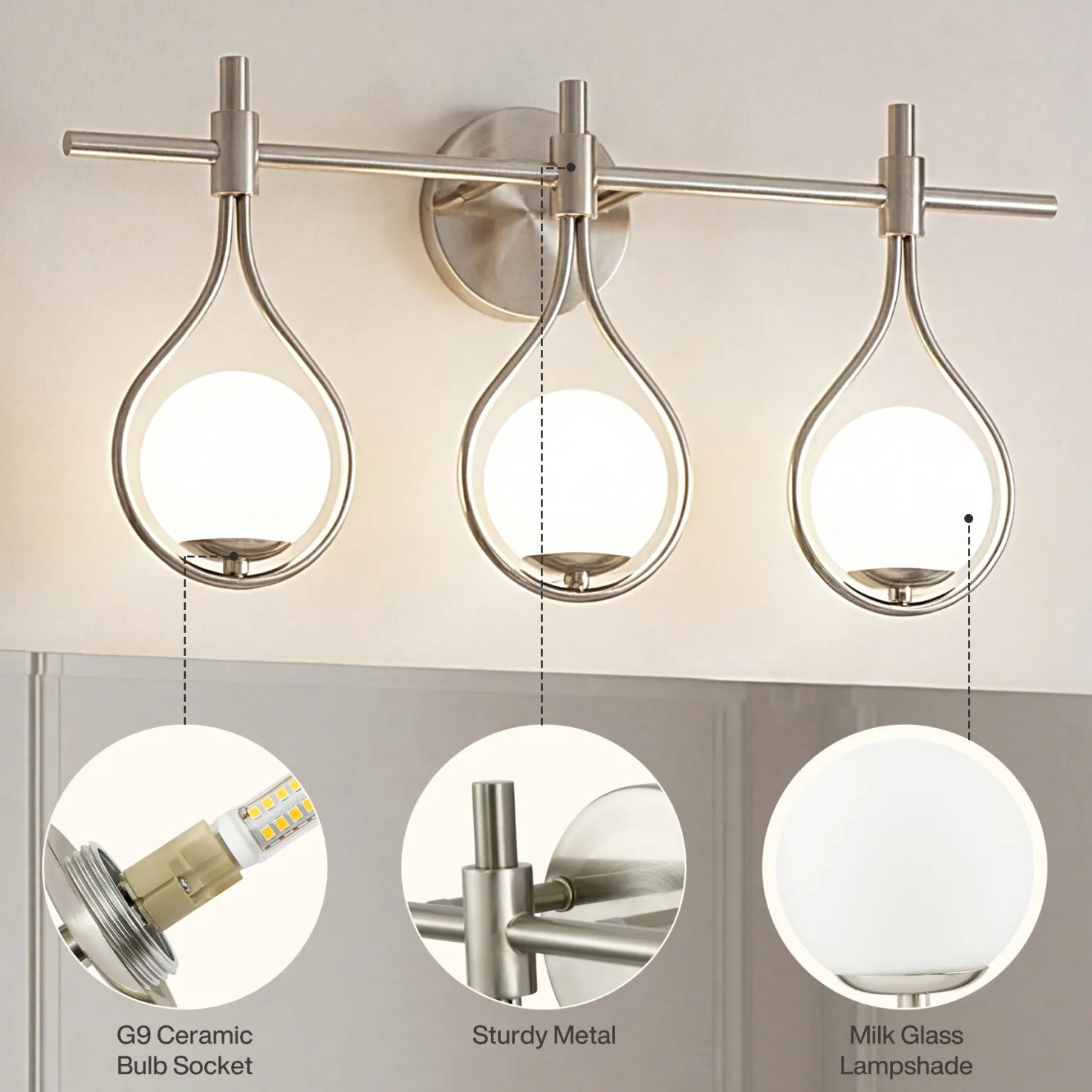 3-Light Bathroom Vanity Light, 22.5" Wall Lighting Fixture with Glass Shades