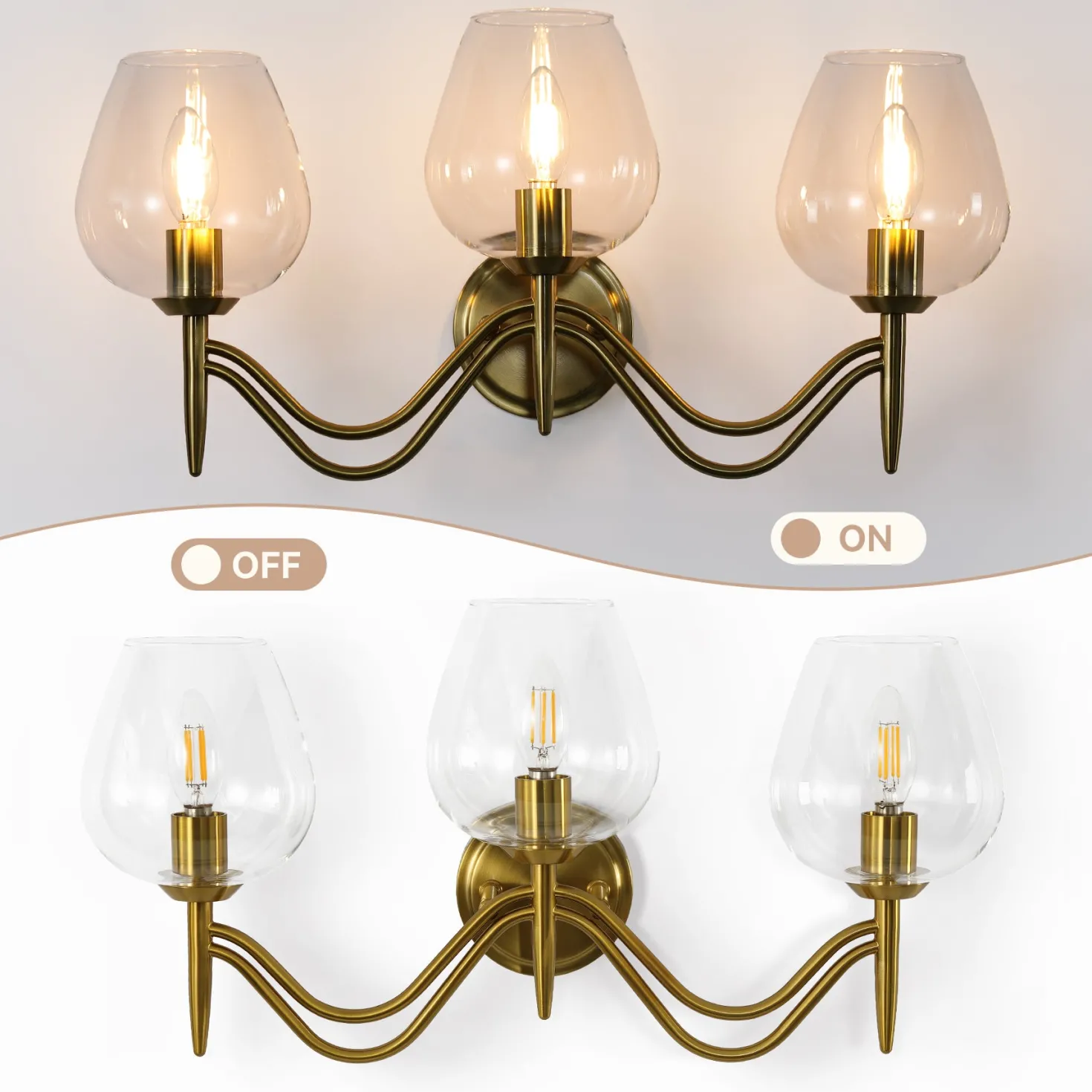 3-light Bathroom Vanity Light, Gold Metal & Clear Glass Wall Sconce With E12 Base