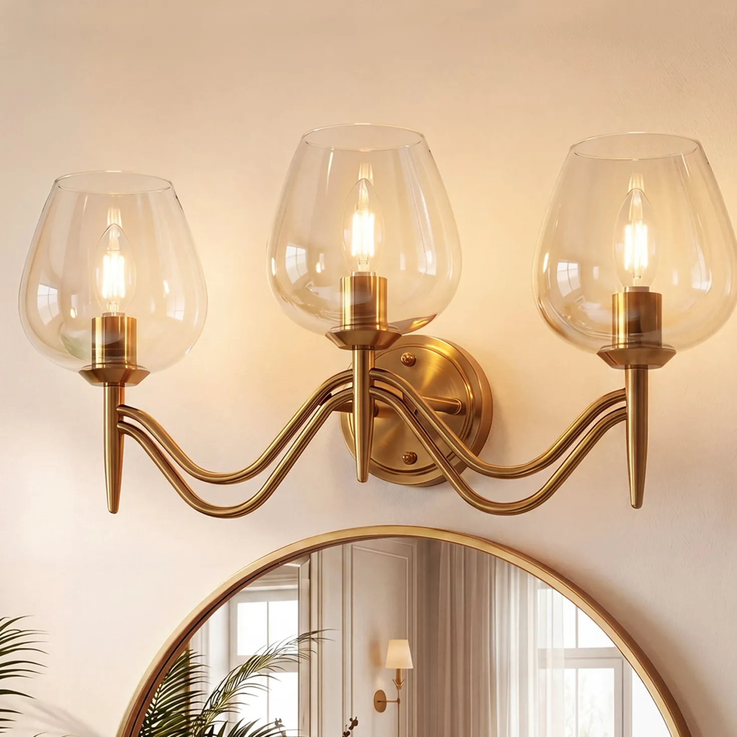 3-light Bathroom Vanity Light, Gold Metal & Clear Glass Wall Sconce With E12 Base