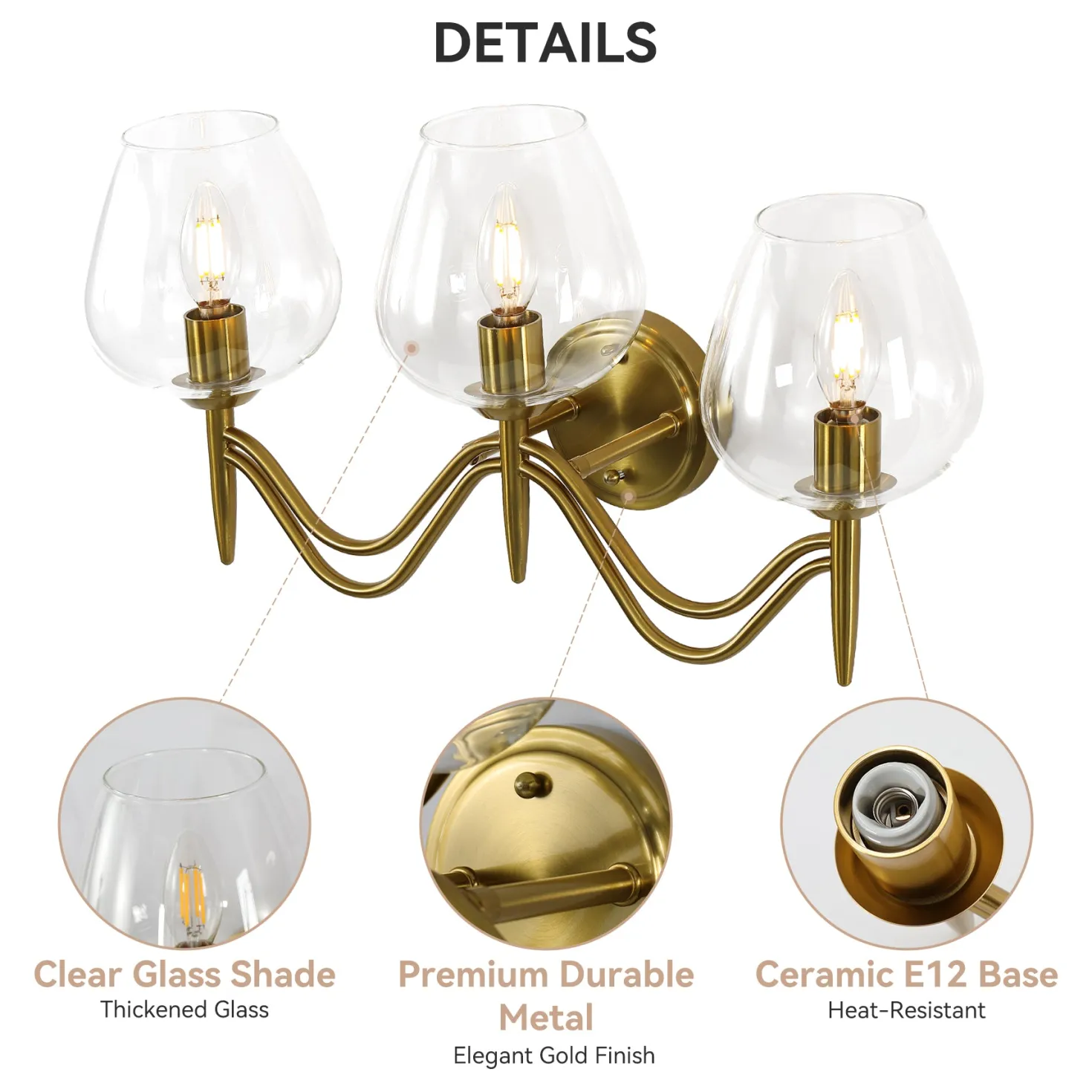 3-light Bathroom Vanity Light, Gold Metal & Clear Glass Wall Sconce With E12 Base