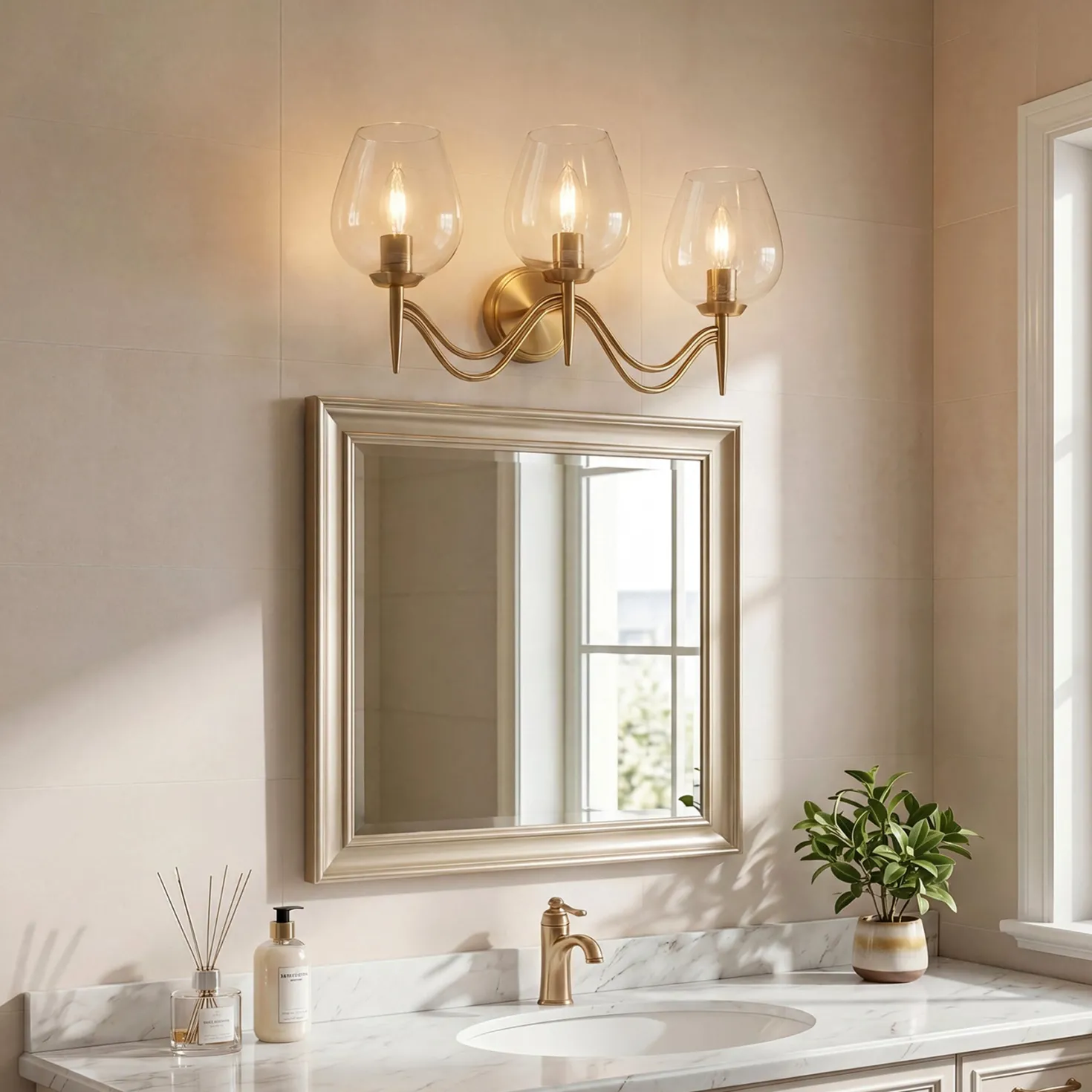 3-light Bathroom Vanity Light, Gold Metal & Clear Glass Wall Sconce With E12 Base