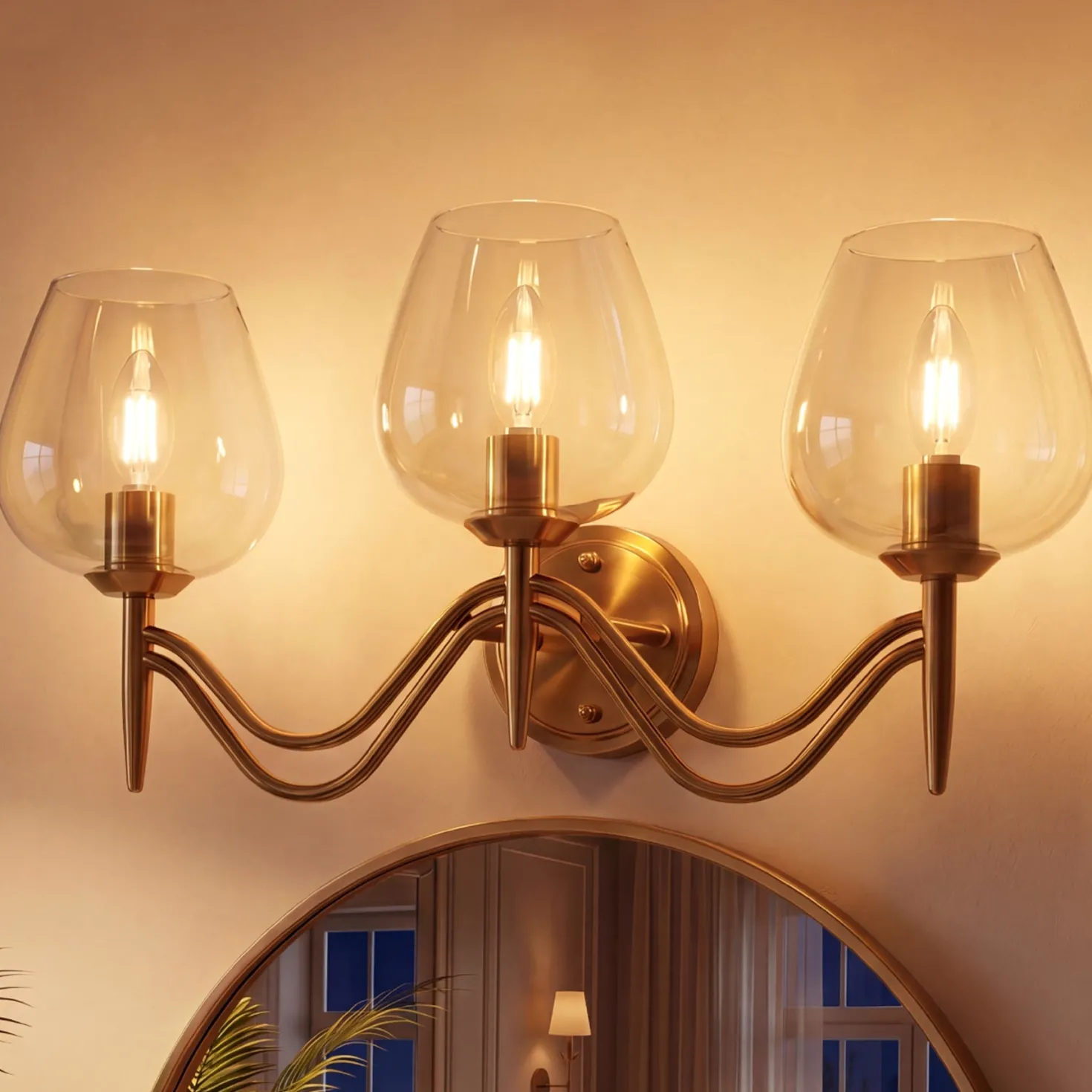 3-light Bathroom Vanity Light, Gold Metal & Clear Glass Wall Sconce With E12 Base