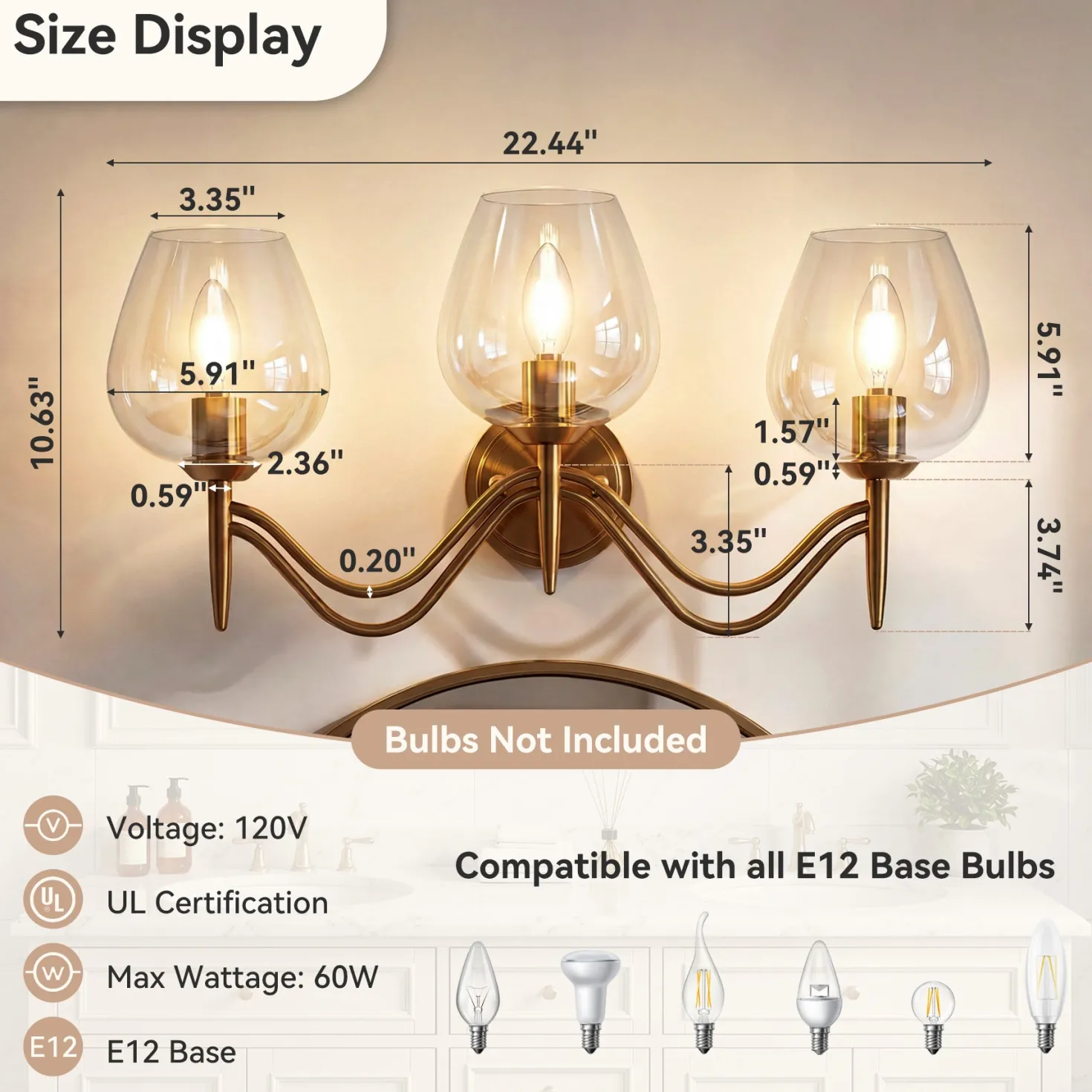 3-light Bathroom Vanity Light, Gold Metal & Clear Glass Wall Sconce With E12 Base