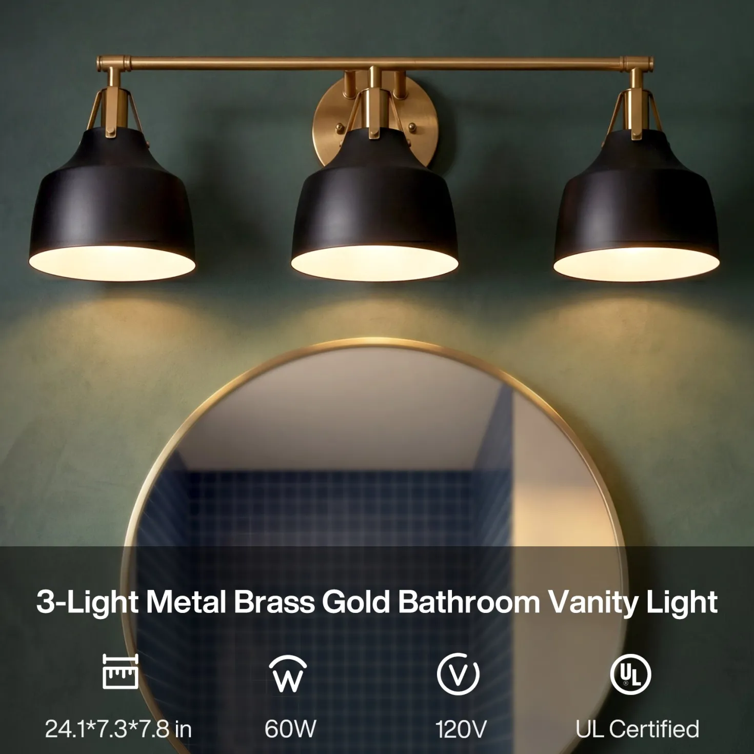 3-Light Bathroom Vanity Light, 24" Wall Light Fixtures with Metal Shade