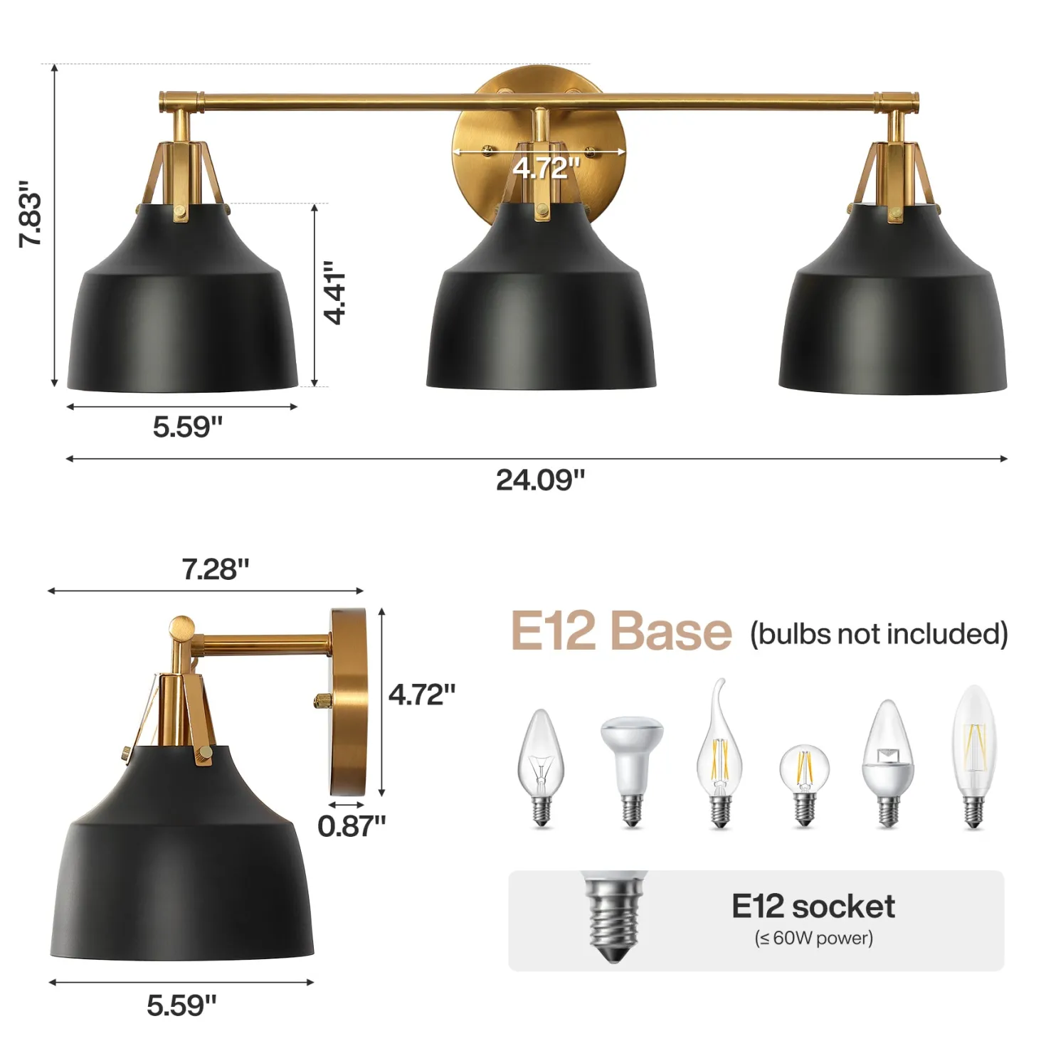 3-Light Bathroom Vanity Light, 24" Wall Light Fixtures with Metal Shade