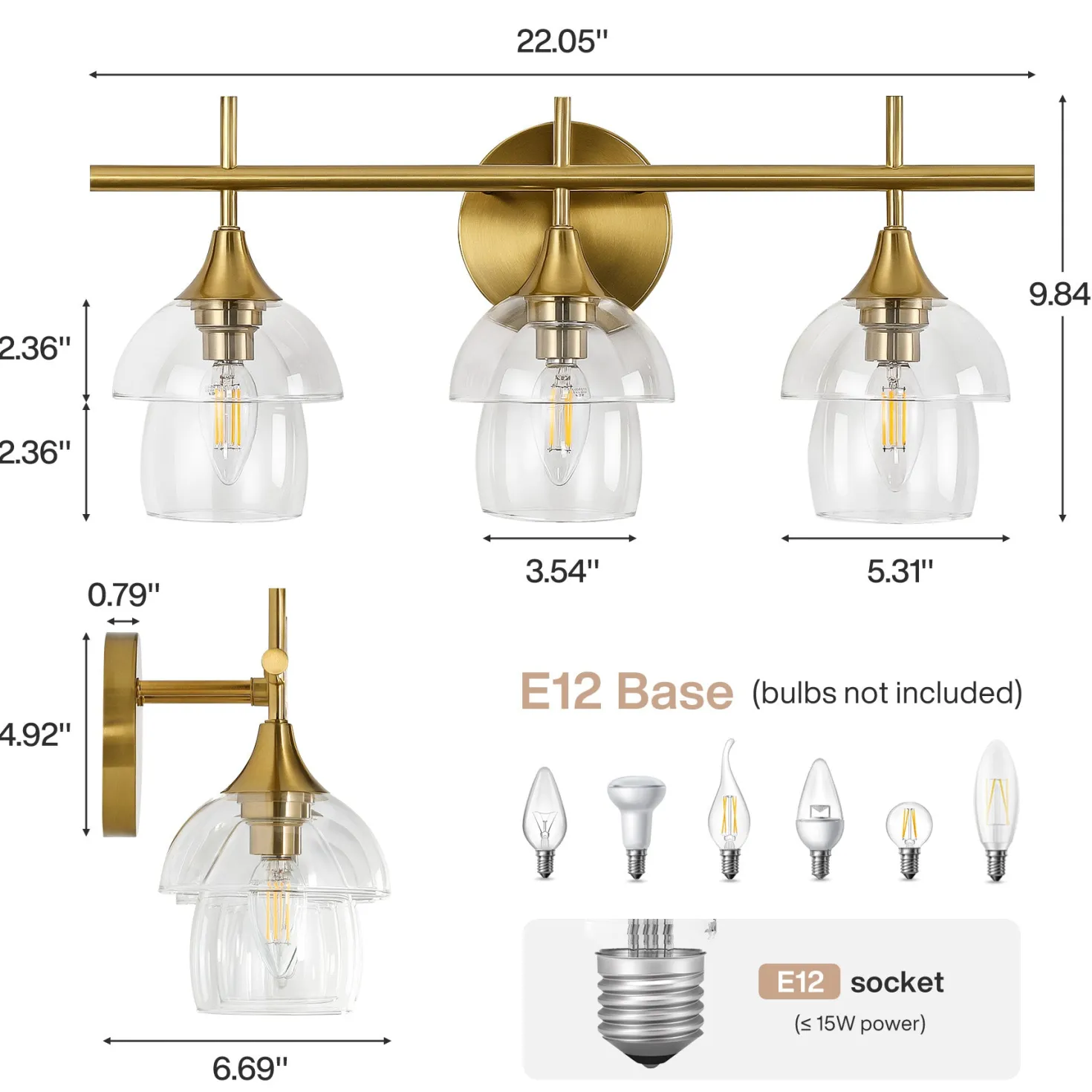 3-Light Bathroom Vanity Light, Modern Wall Sconce with Clear Glass Shades