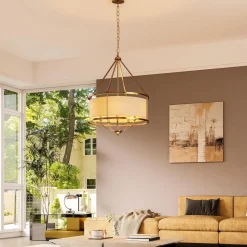 5-Light Chandelier, 24" Drum Fabric Pendant Light, Height-Adjustable