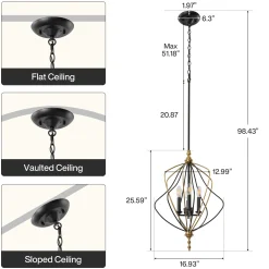 4-Light Chandelier, Modern Metal Cage Pendant Lighting for Living Room (Bulb Not Included)