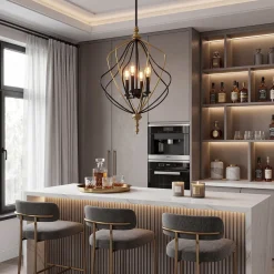 4-Light Chandelier, Modern Metal Cage Pendant Lighting for Living Room (Bulb Not Included)