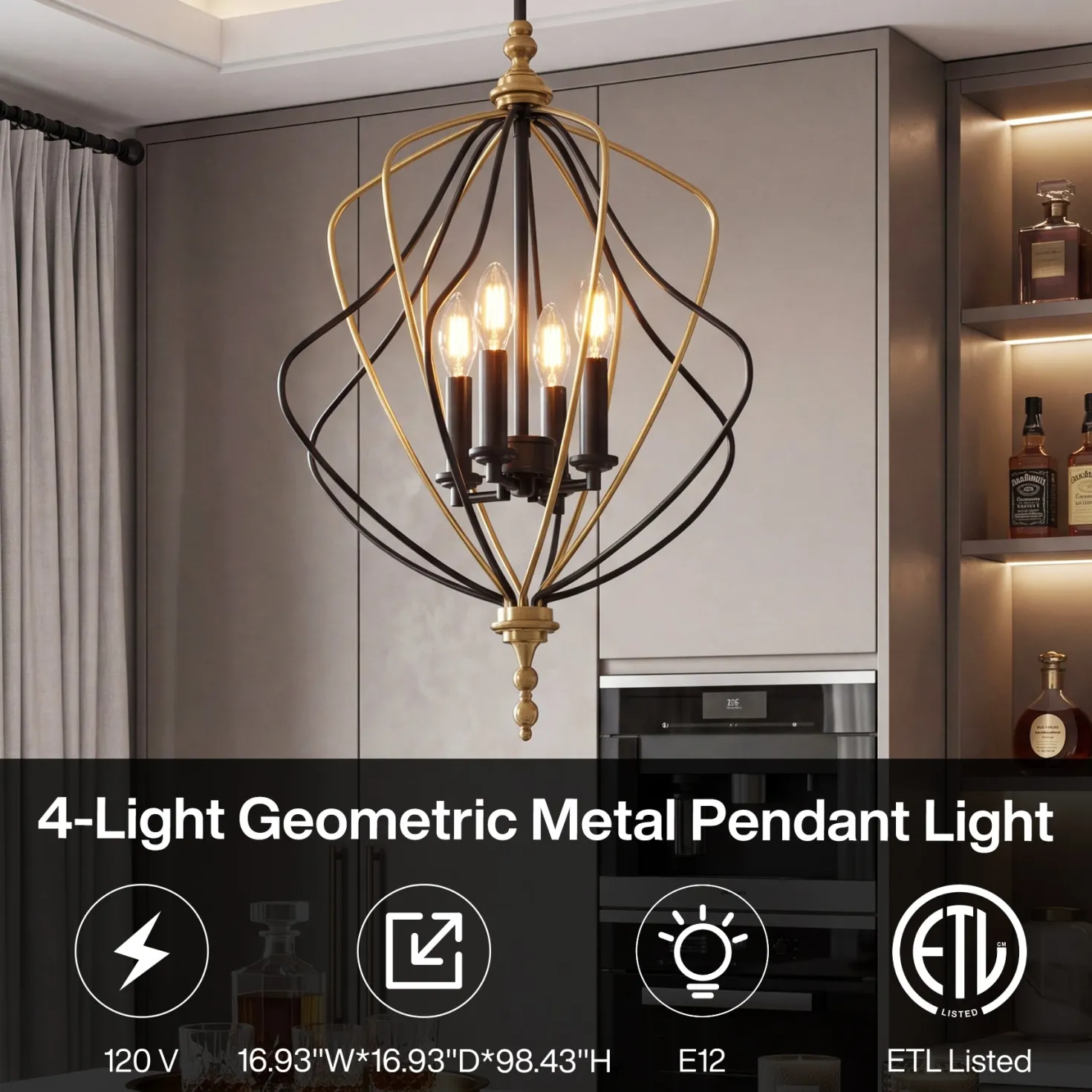4-Light Chandelier, Modern Metal Cage Pendant Lighting for Living Room (Bulb Not Included)