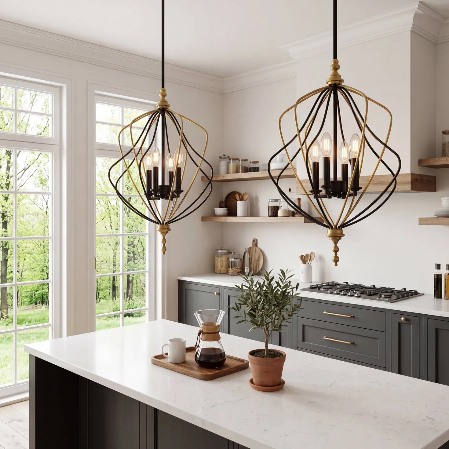 4-Light Chandelier, Modern Metal Cage Pendant Lighting for Living Room (Bulb Not Included)