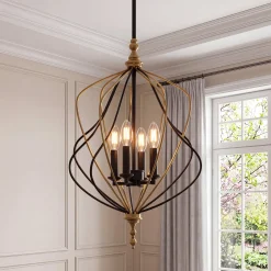 4-Light Chandelier, Modern Metal Cage Pendant Lighting for Living Room (Bulb Not Included)