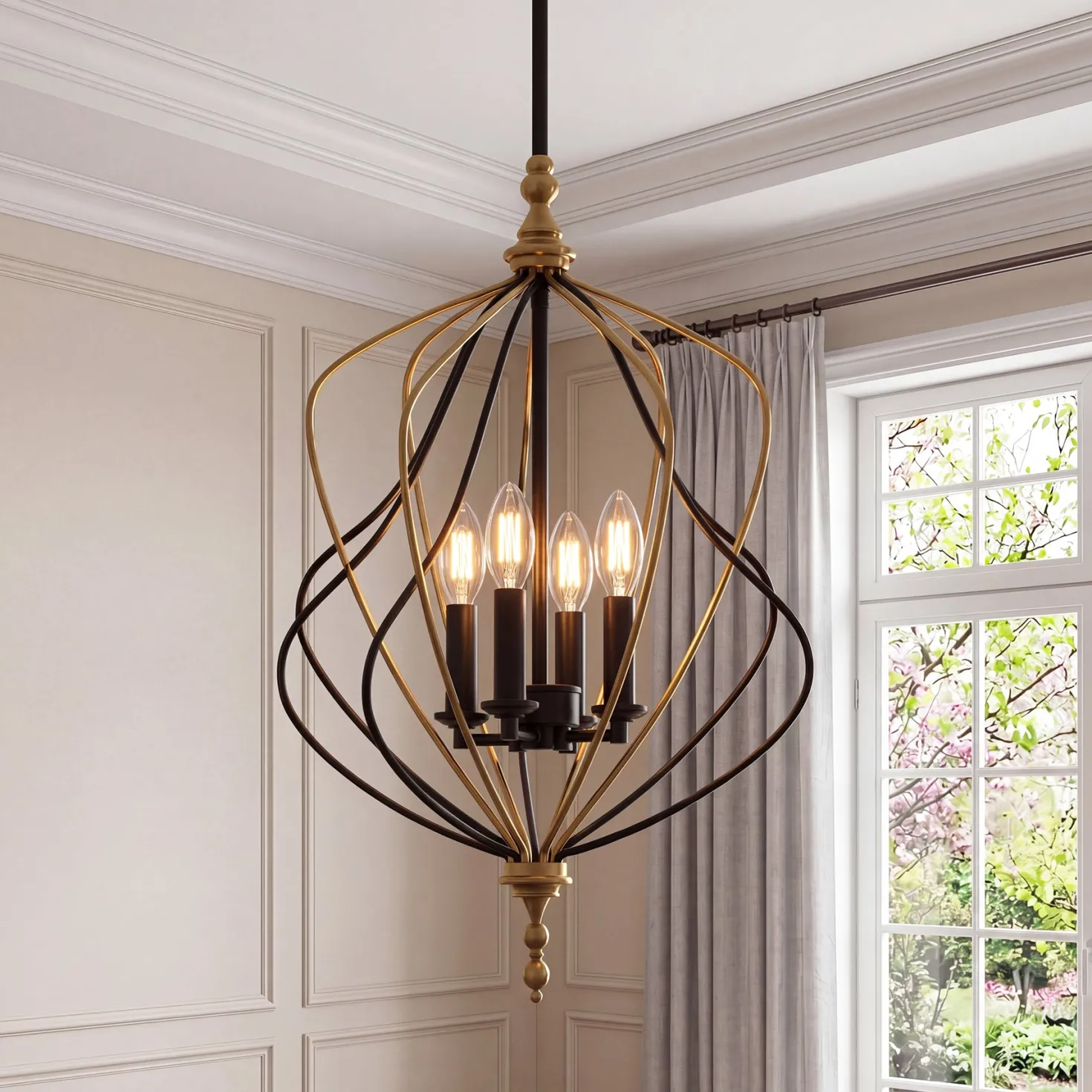 4-Light Chandelier, Modern Metal Cage Pendant Lighting for Living Room (Bulb Not Included)