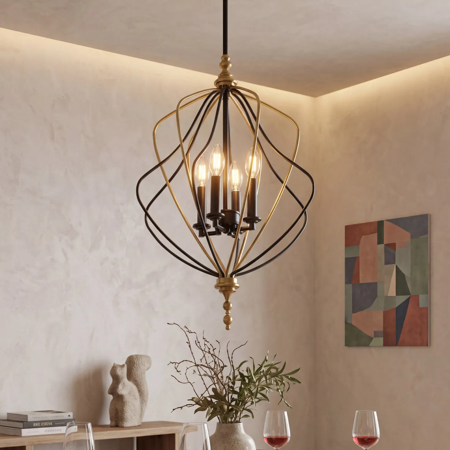 4-Light Chandelier, Modern Metal Cage Pendant Lighting for Living Room (Bulb Not Included)