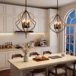 4-Light Chandelier, Modern Metal Cage Pendant Lighting for Living Room (Bulb Not Included)