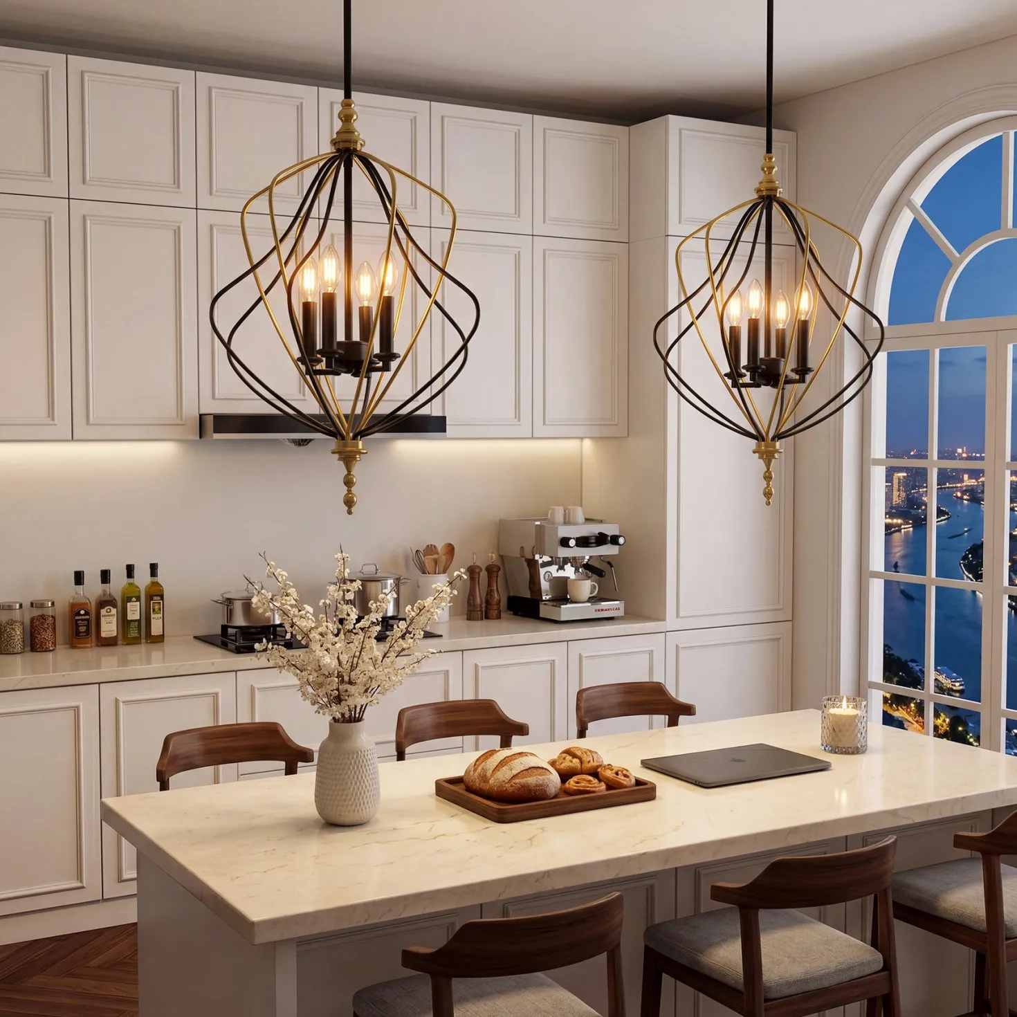 4-Light Chandelier, Modern Metal Cage Pendant Lighting for Living Room (Bulb Not Included)
