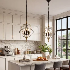 4-Light Chandelier, Modern Metal Cage Pendant Lighting for Living Room (Bulb Not Included)