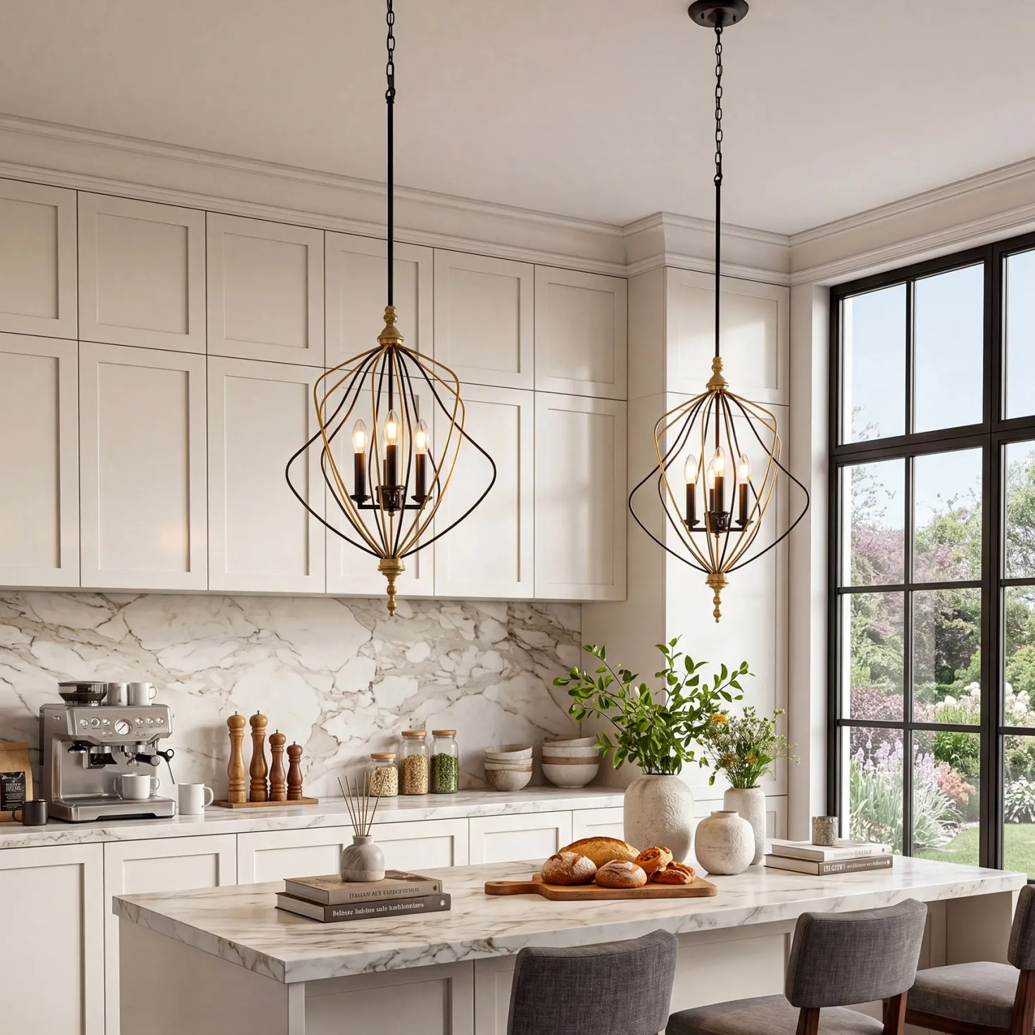 4-Light Chandelier, Modern Metal Cage Pendant Lighting for Living Room (Bulb Not Included)