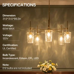 5-Light Chandelier, Modern Pendant Light with Water Ripple Wine Glass Shades