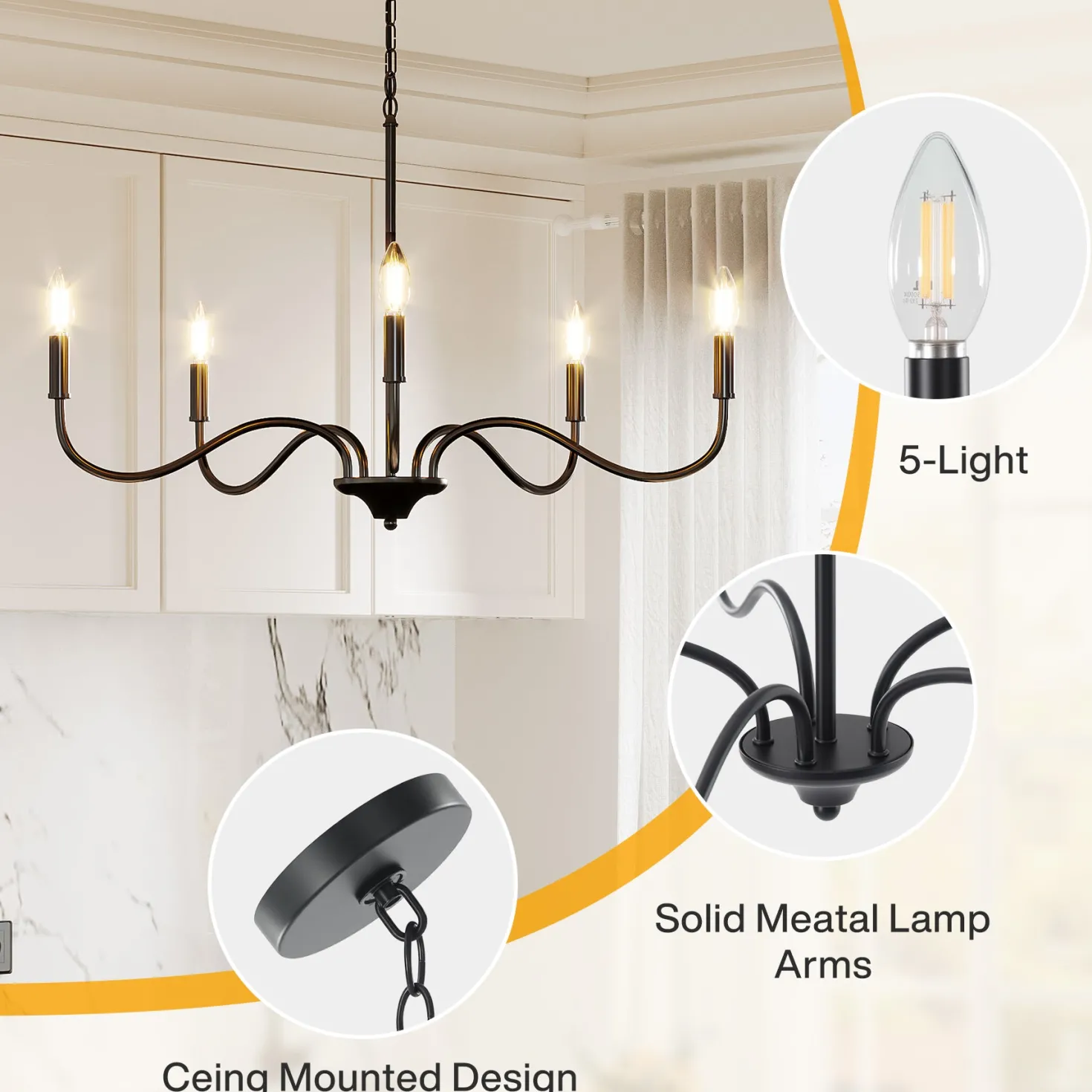 5-Light Chandelier, Modern Pendant Light Fixtures Industrial Lighting