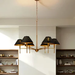 6-Light Chandelier with Matte Black Lampshade, 35" Farmhouse Height Adjustable Pendant Light Fixture