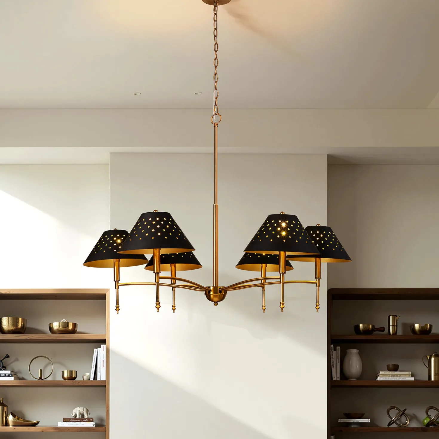 6-Light Chandelier with Matte Black Lampshade, 35" Farmhouse Height Adjustable Pendant Light Fixture