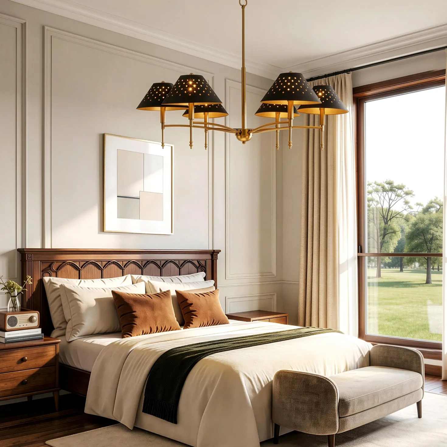 6-Light Chandelier with Matte Black Lampshade, 35" Farmhouse Height Adjustable Pendant Light Fixture
