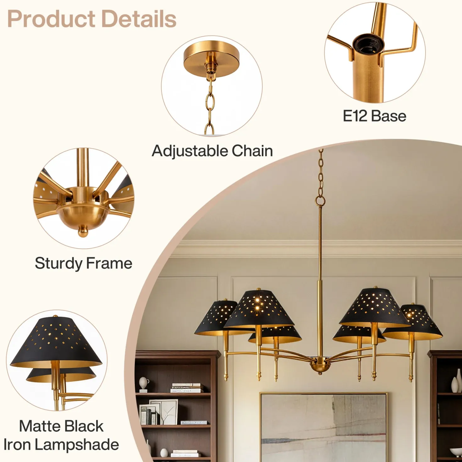 6-Light Chandelier with Matte Black Lampshade, 35" Farmhouse Height Adjustable Pendant Light Fixture