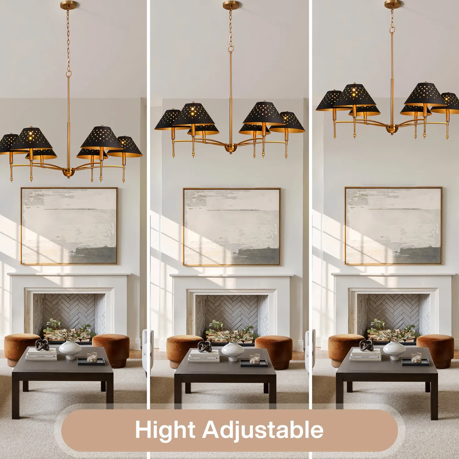 6-Light Chandelier with Matte Black Lampshade, 35" Farmhouse Height Adjustable Pendant Light Fixture