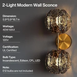 2-Light Crystal Wall Sconce,Vanity Wall Light with Textured Smoke Glass Shade