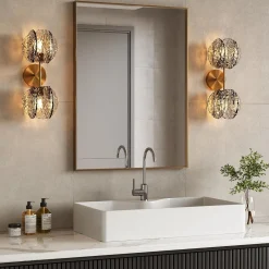 2-Light Crystal Wall Sconce,Vanity Wall Light with Textured Smoke Glass Shade