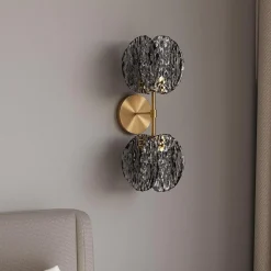 2-Light Crystal Wall Sconce,Vanity Wall Light with Textured Smoke Glass Shade