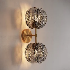 2-Light Crystal Wall Sconce,Vanity Wall Light with Textured Smoke Glass Shade