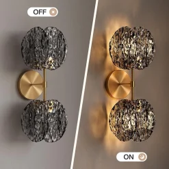 2-Light Crystal Wall Sconce,Vanity Wall Light with Textured Smoke Glass Shade