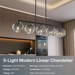 5-Light Dining Room Light Fixture, Luxury Linear Chandelier with Adjustable Height